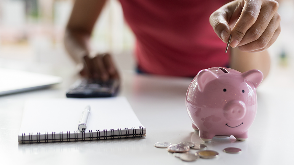 Woman next to a pink piggy bank with coins