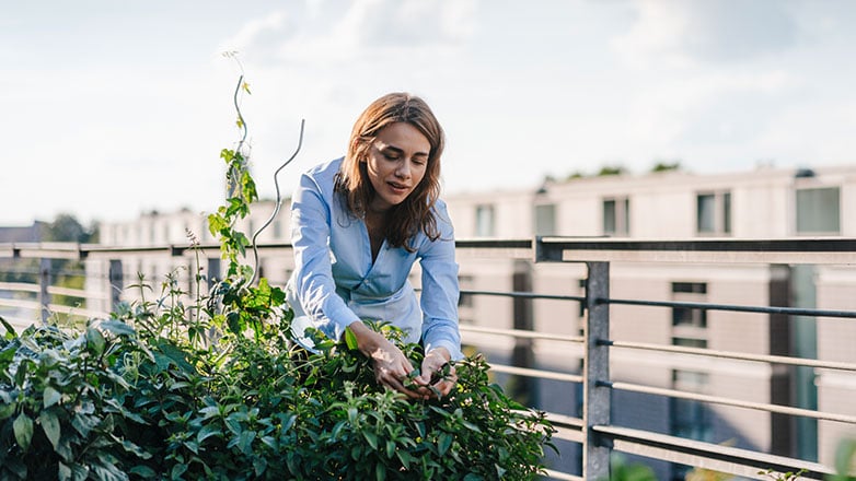 Woman alone gardening on her rootop terrace.