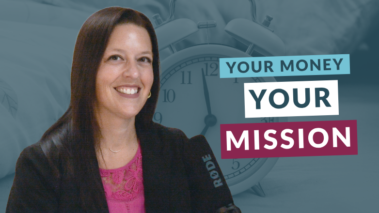 Nicole Farbo and the Your Money. Your Mission. Logo overlaid an image of a clock.