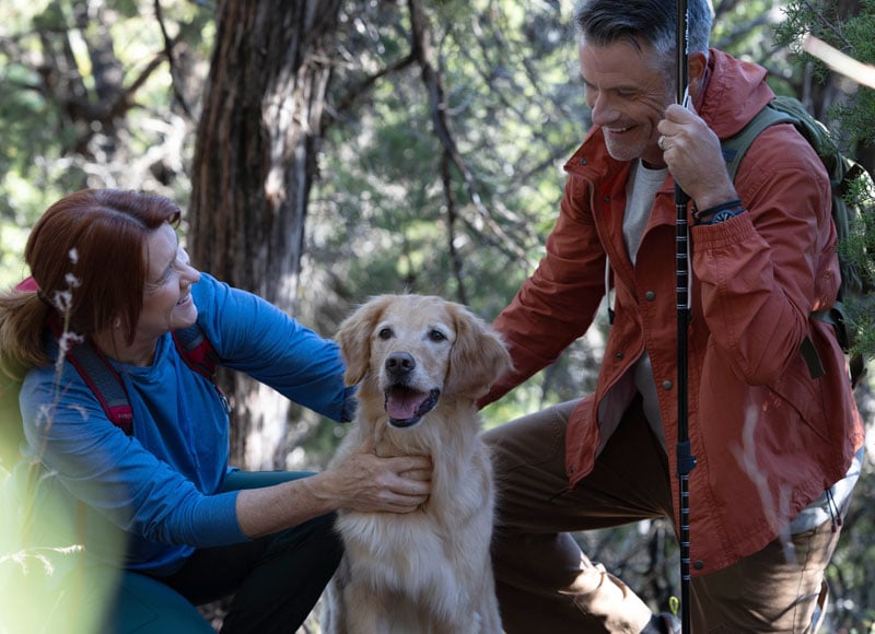 Active senior couple enjoying retirement, hiking in nature with their dog.